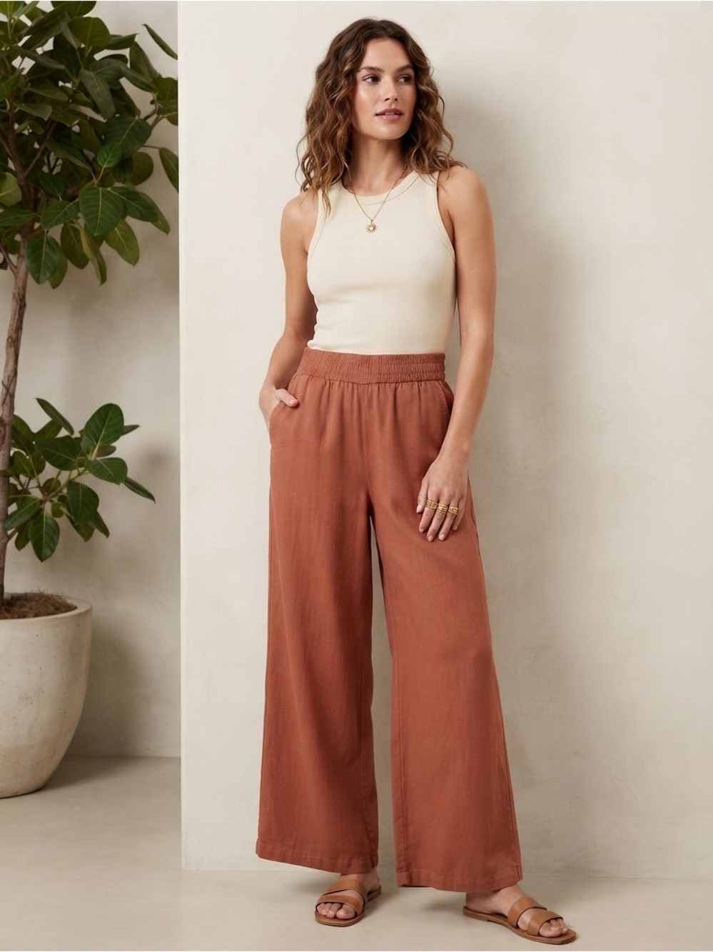 🏜️ Forever 21 Terracotta Linen Blend Wide Leg Pants 🌵